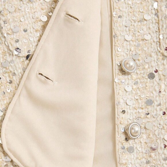 beige Women's Elegant Sequin Embellished Tweed Short Blazer Jacket - Picture 8 of 8